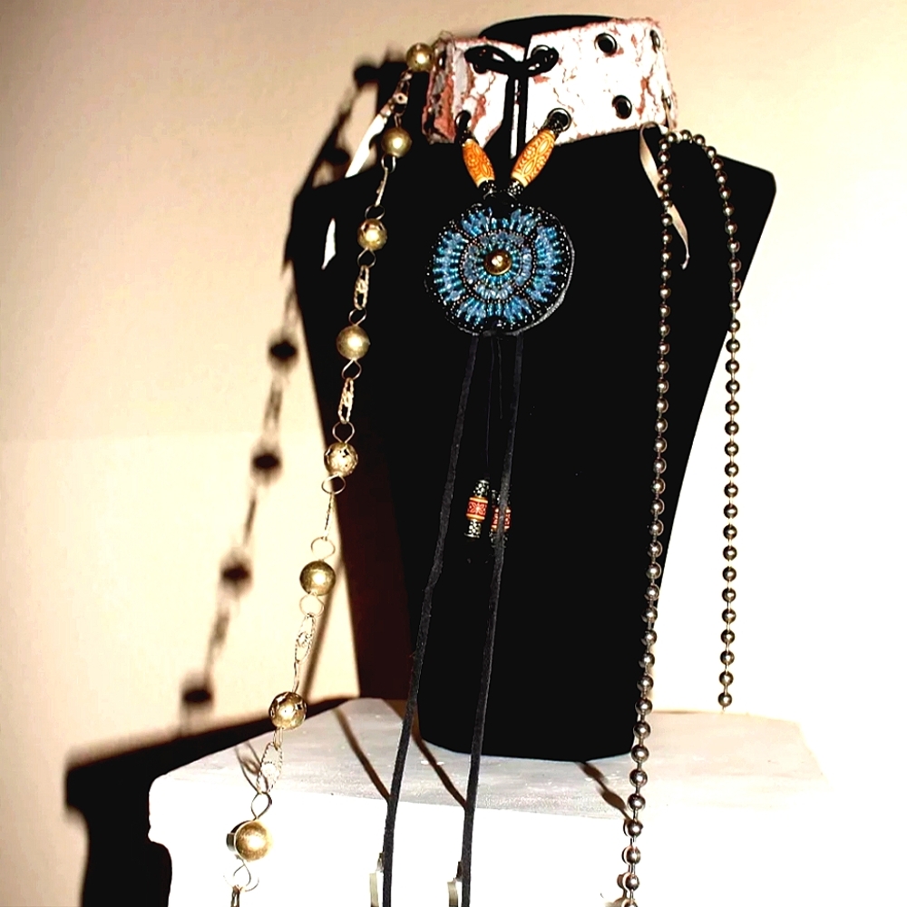 Navajo Choker Leather with Gemstones Sequin and Brass Chain and More, Handmade - Picture 6 of 8